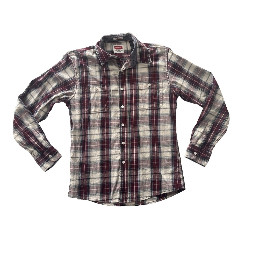 Wrangler Size M Long Sleeve Button Up Shirt Plaid Maroon Blue Cream Comfort